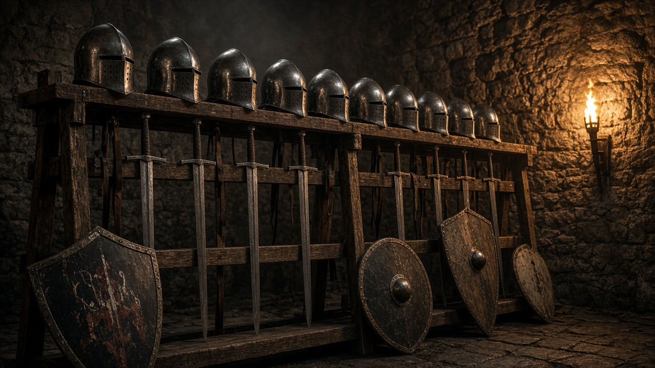 Helmets and swords on an armory rack