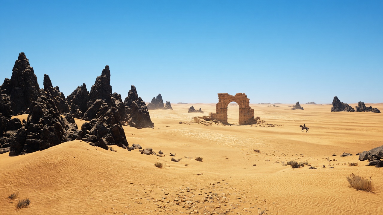 Caravan at a stone gate